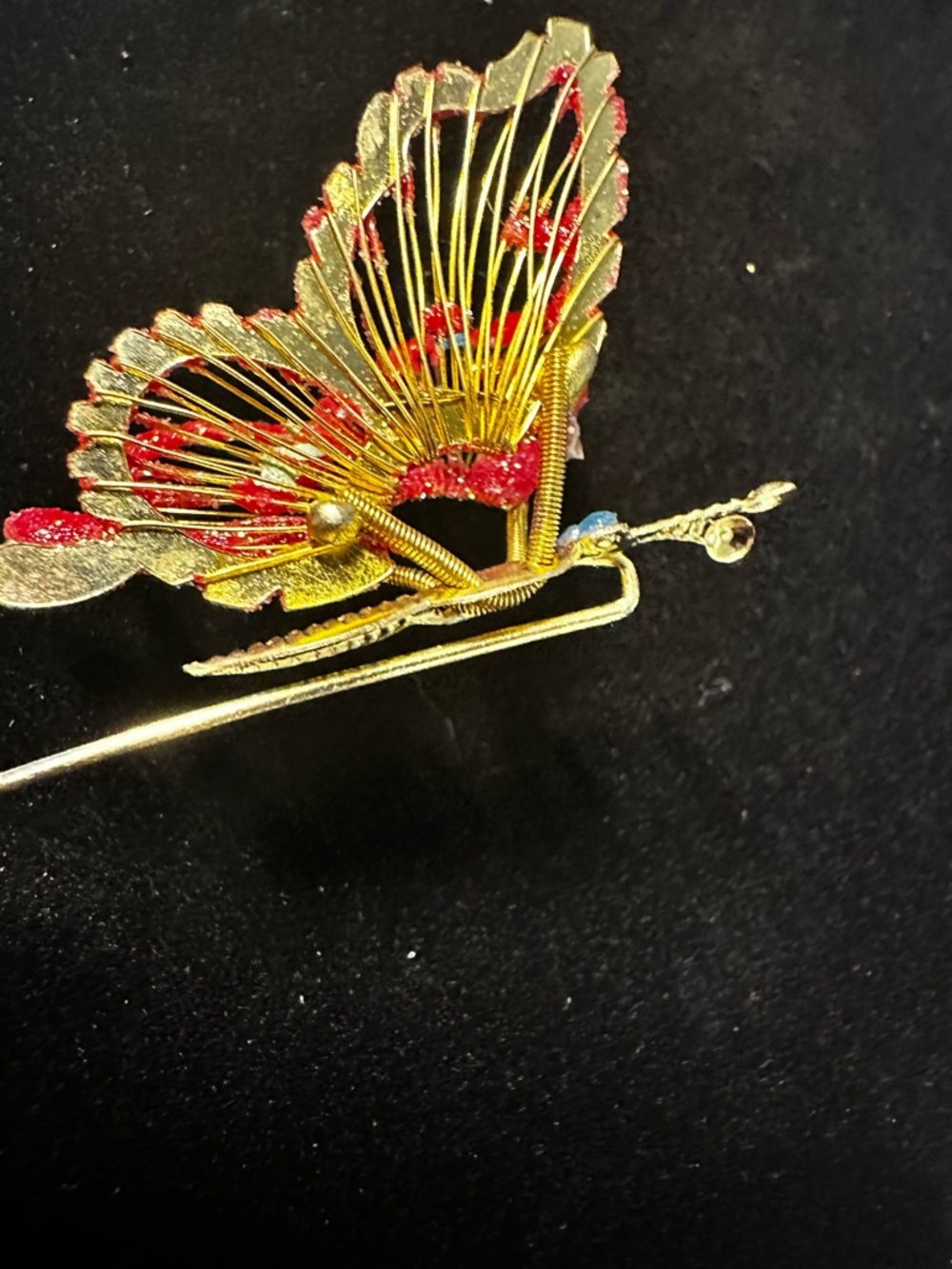 Vintage Red Glitter Butterfly Brooch with Gold Accents - Picture 8 of 13